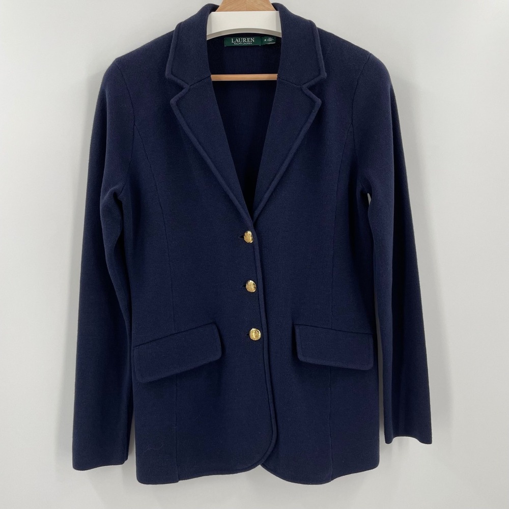 Lauren Ralph Lauren Navy Blue Sweater-Knit Blazerβ Gold Crest Buttons M Preppy - Picture 2 of 8